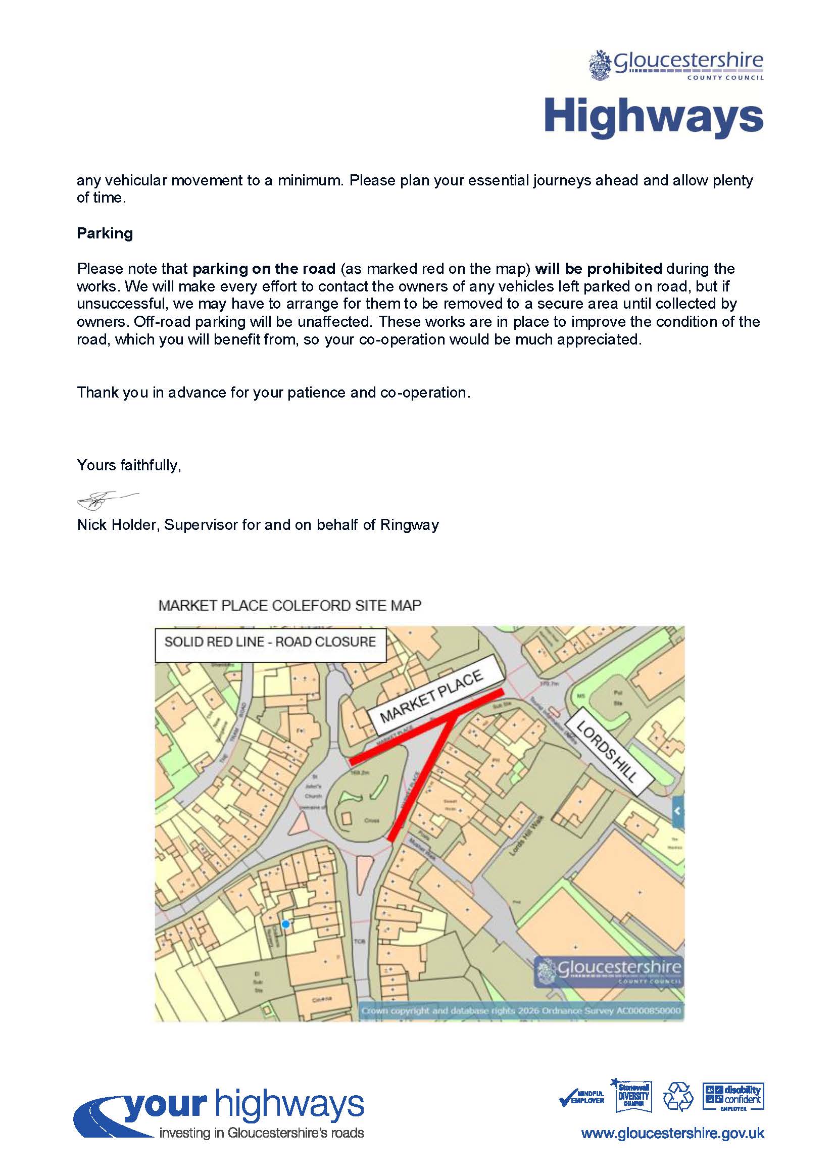 Night road works - carriageway patching to Market Place, Coleford - 3rd - 4th September 2026 19:00 - 7:00 (Page 1) www.gloucestershire.gov.uk